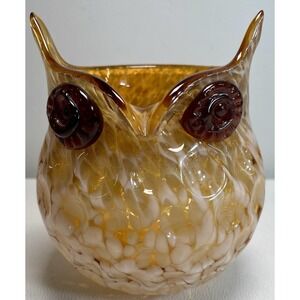 Murano Style Hand Blown Glass Owl Figurine Amber White Art Glass 6.5"